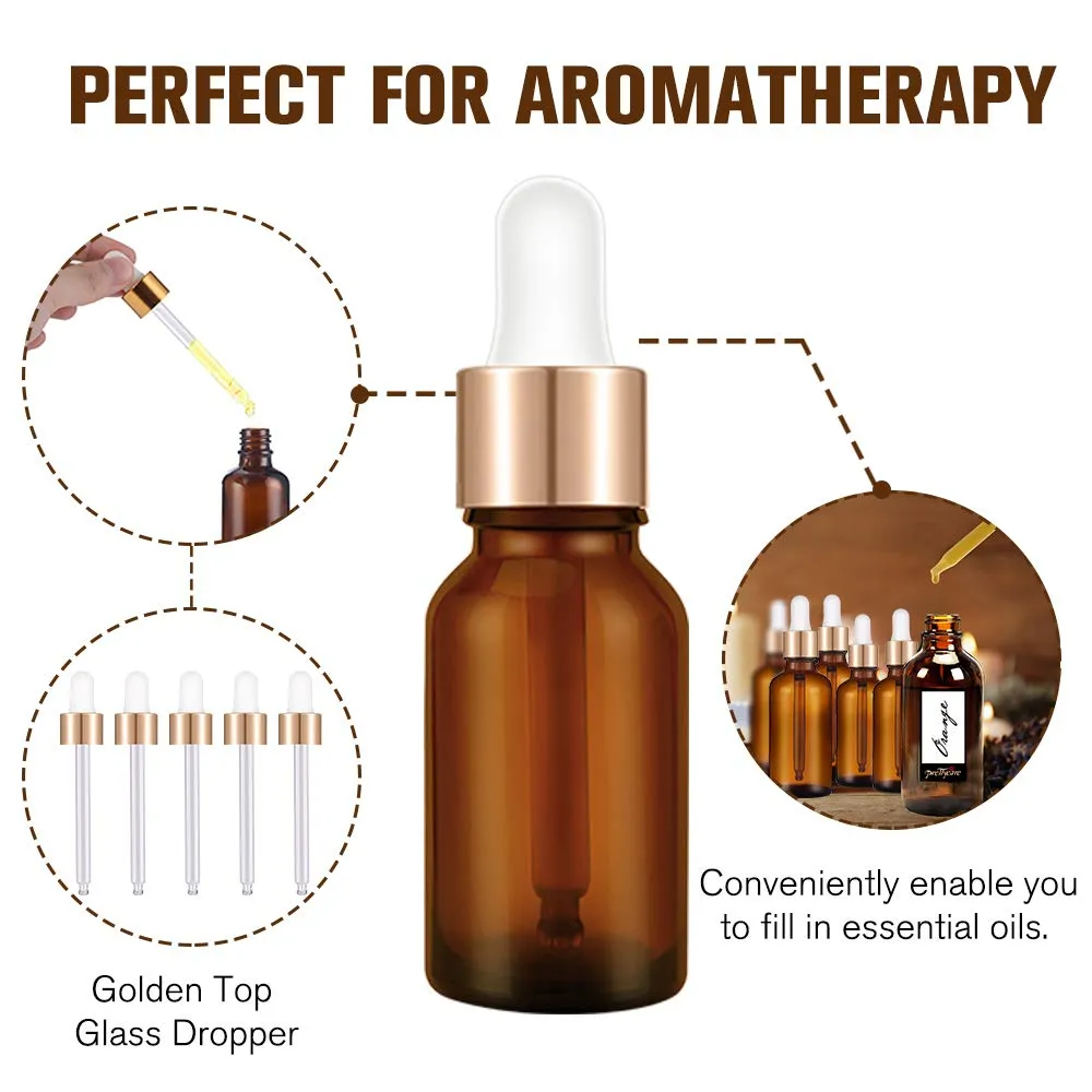 PrettyCare 15 ml Eye Dropper Bottle (24 Pack Amber Glass Bottles 0.5 oz with Golden Caps,2 Extra Measured Pipettes, 48 Labels, 2 Funnels) Empty Tincture Bottles for Essential Oils