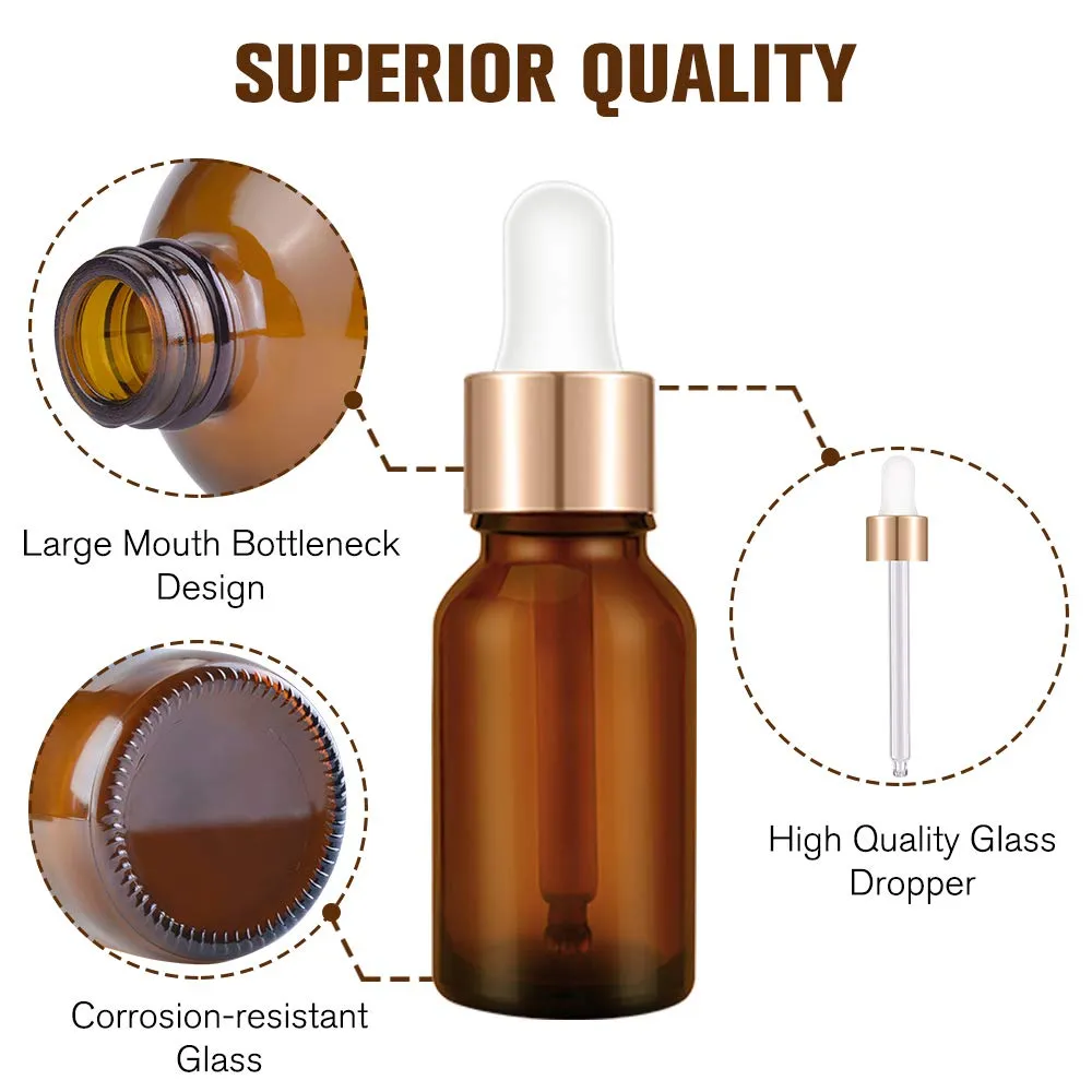 PrettyCare 15 ml Eye Dropper Bottle (24 Pack Amber Glass Bottles 0.5 oz with Golden Caps,2 Extra Measured Pipettes, 48 Labels, 2 Funnels) Empty Tincture Bottles for Essential Oils
