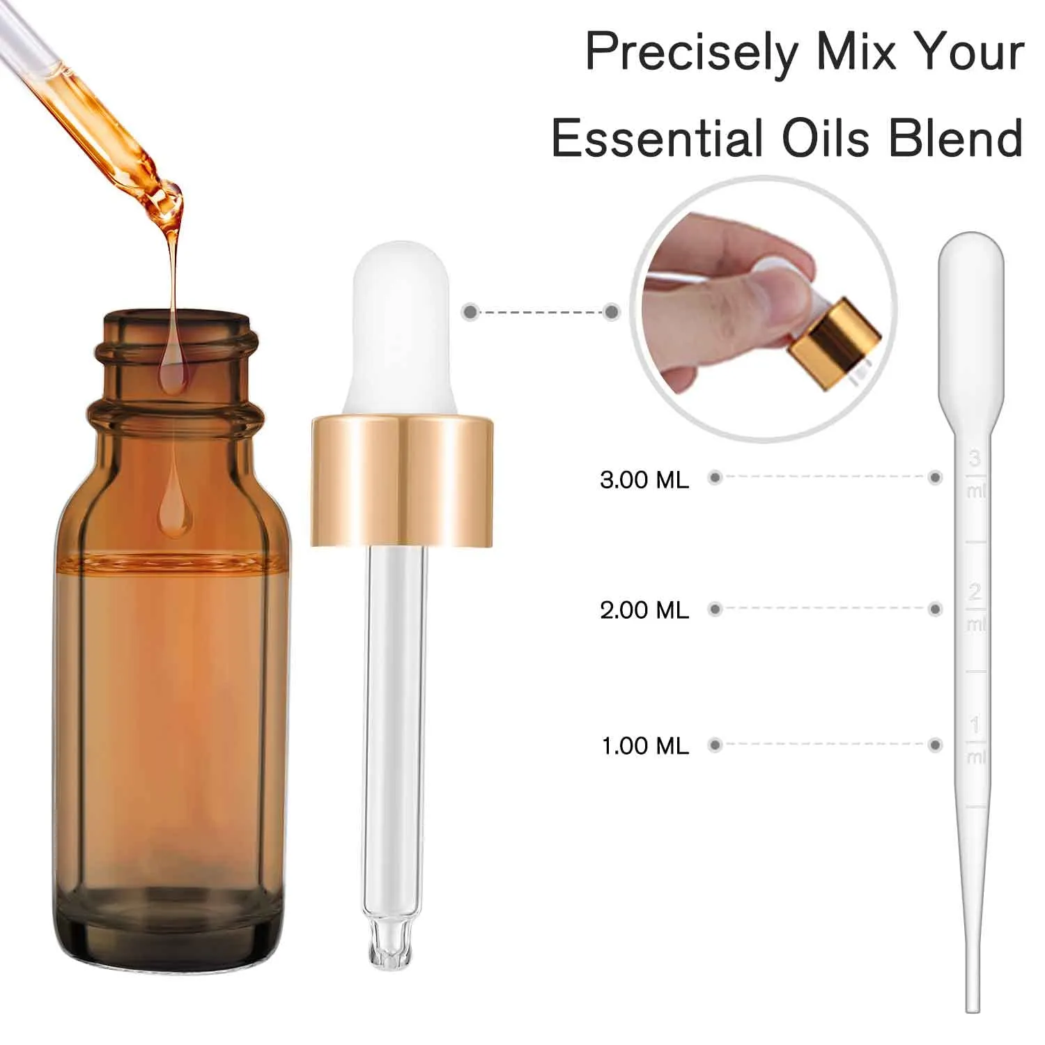 PrettyCare 15 ml Eye Dropper Bottle (24 Pack Amber Glass Bottles 0.5 oz with Golden Caps,2 Extra Measured Pipettes, 48 Labels, 2 Funnels) Empty Tincture Bottles for Essential Oils