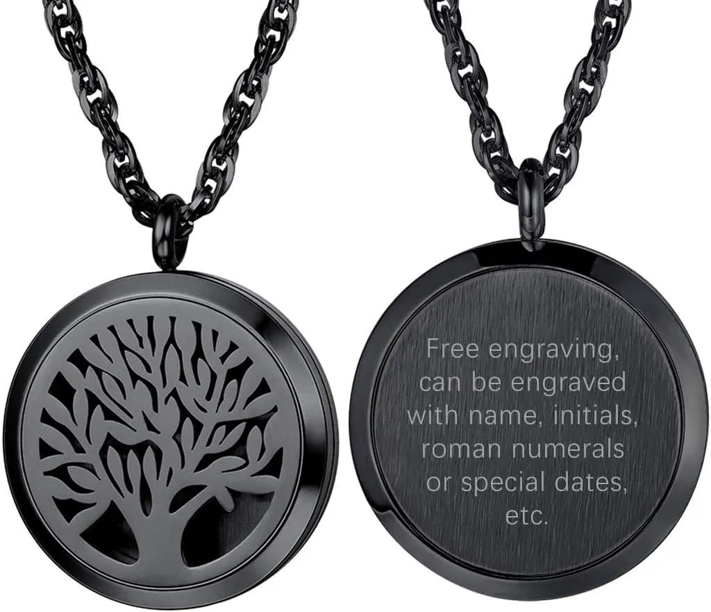 PROSTEEL Personalized Customize Tree of Life Black Necklace Perfume Locket Essential Oil Diffuser Hollow Pendants Men Women Aromatherapy Jewelry Custom Engrave Text Valentine Gift