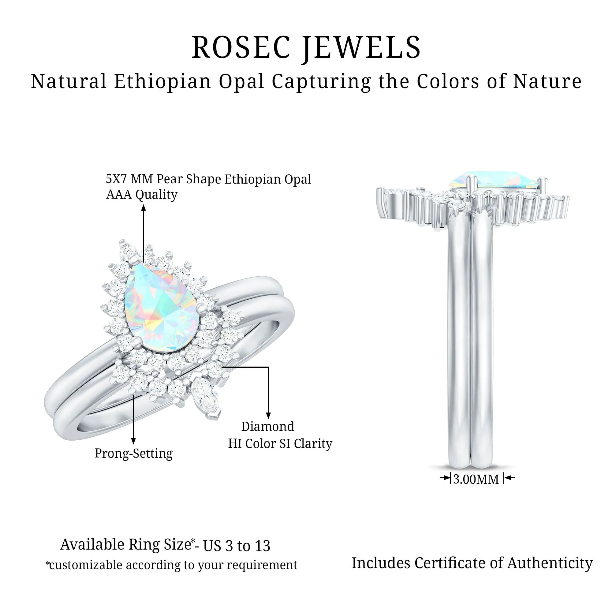 Real Ethiopian Opal Teardrop Wedding Ring Set with Diamond Halo