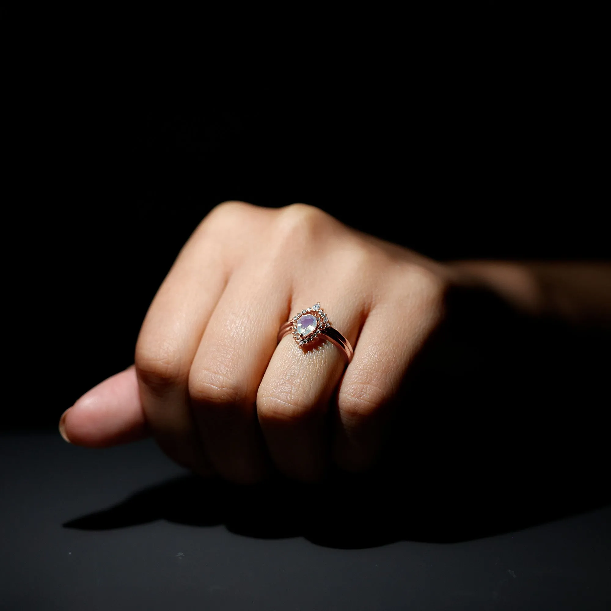 Real Ethiopian Opal Teardrop Wedding Ring Set with Diamond Halo