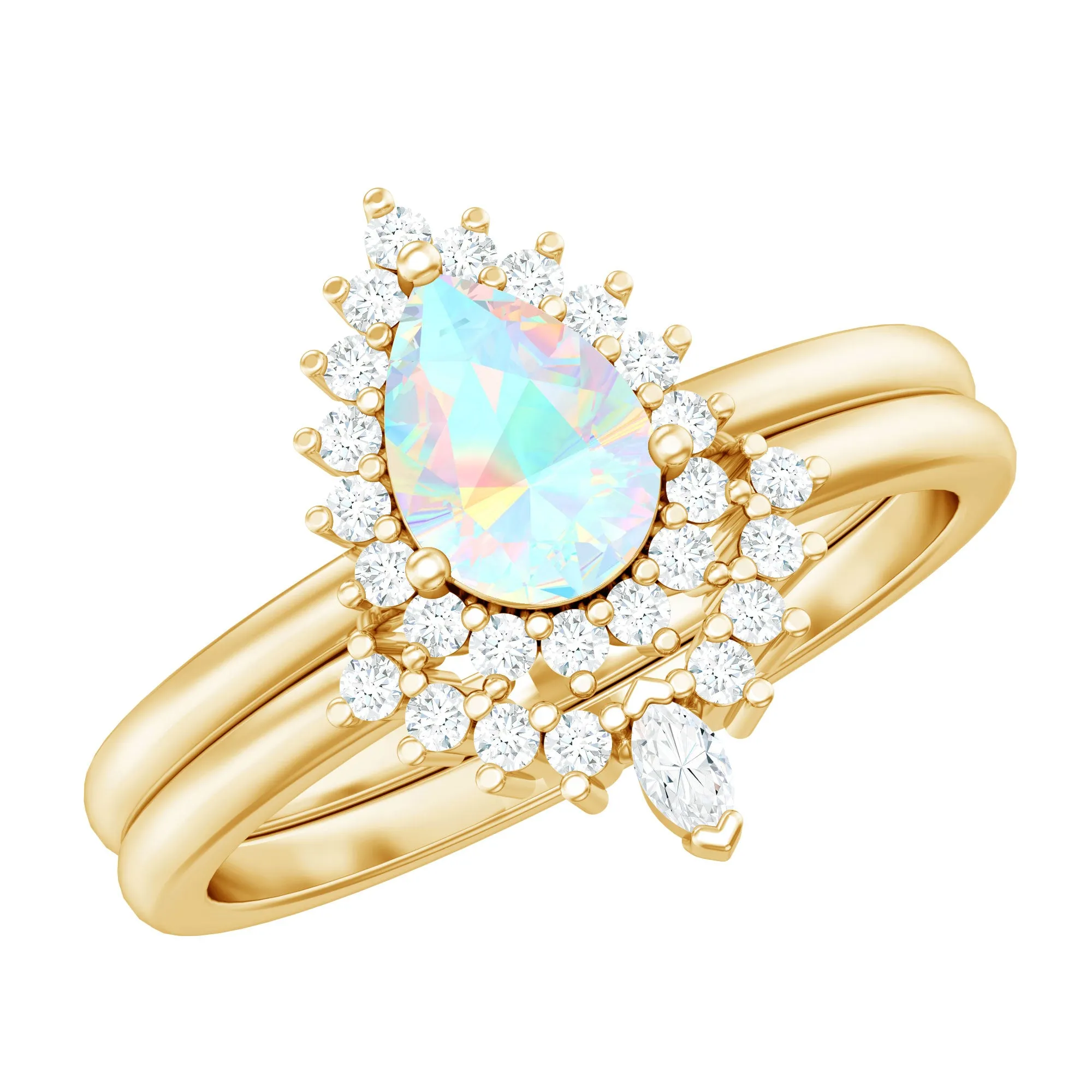 Real Ethiopian Opal Teardrop Wedding Ring Set with Diamond Halo