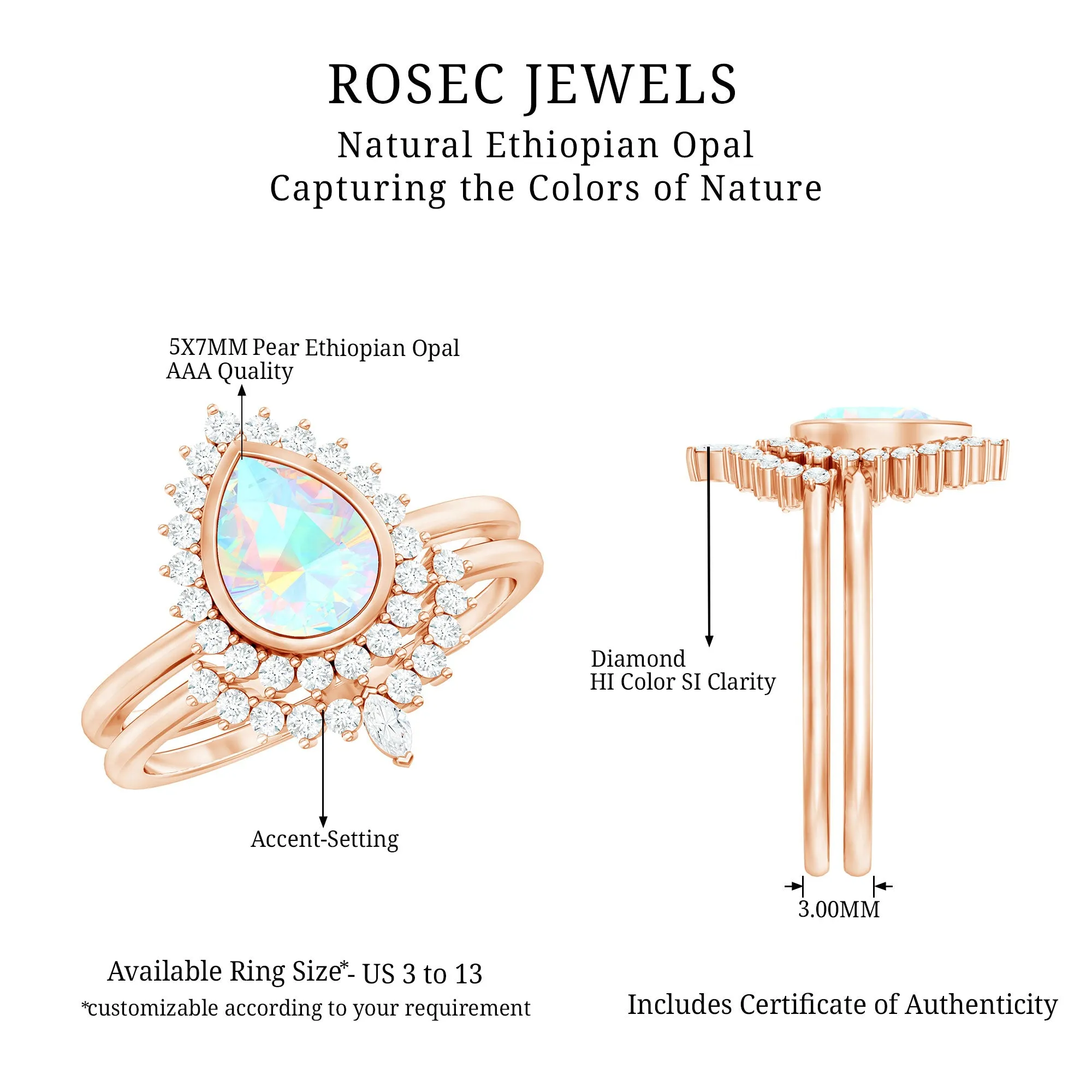 Real Ethiopian Opal Teardrop Wedding Ring Set with Diamond Halo