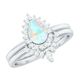Real Ethiopian Opal Teardrop Wedding Ring Set with Diamond Halo