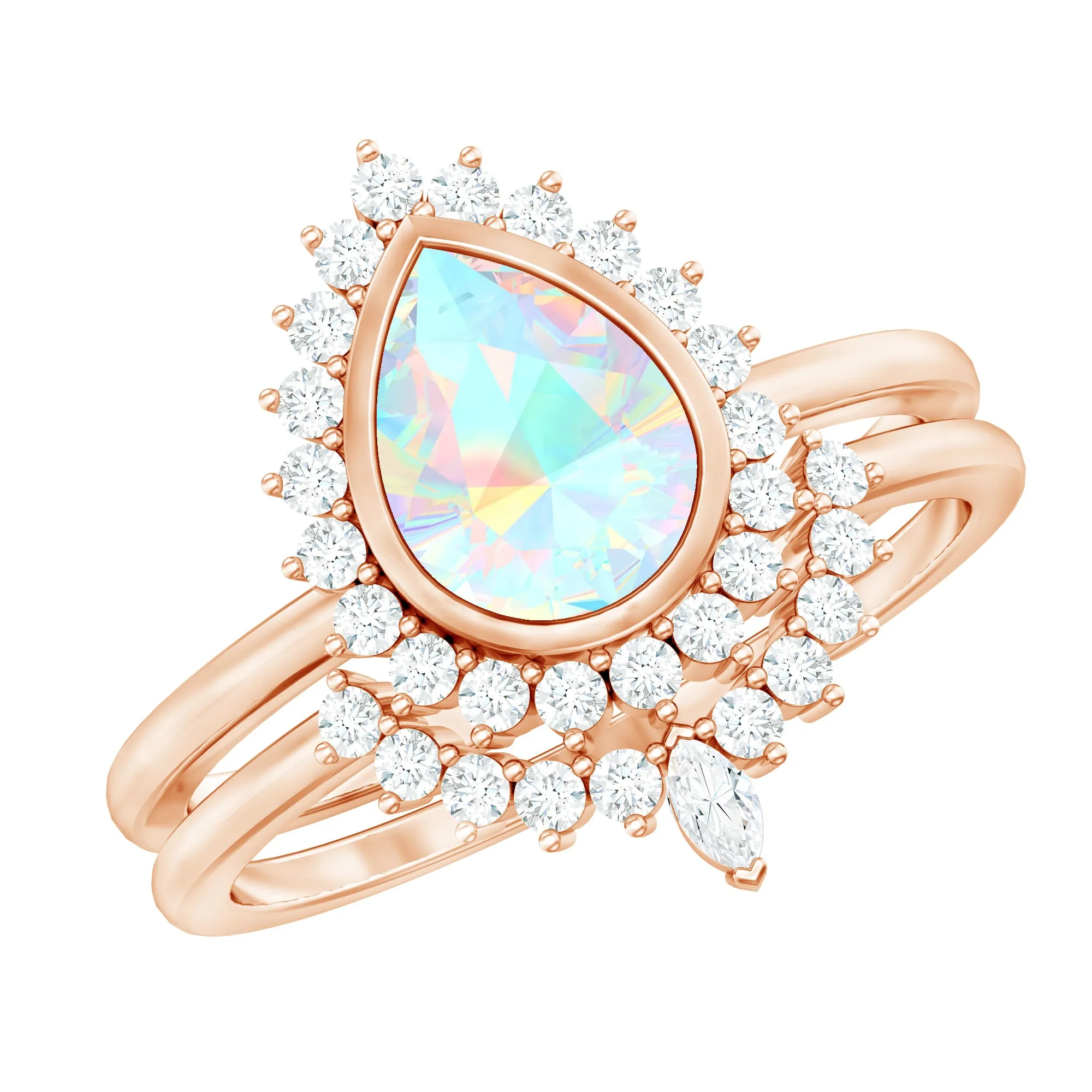 Real Ethiopian Opal Teardrop Wedding Ring Set with Diamond Halo