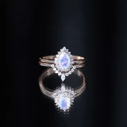 Real Ethiopian Opal Teardrop Wedding Ring Set with Diamond Halo