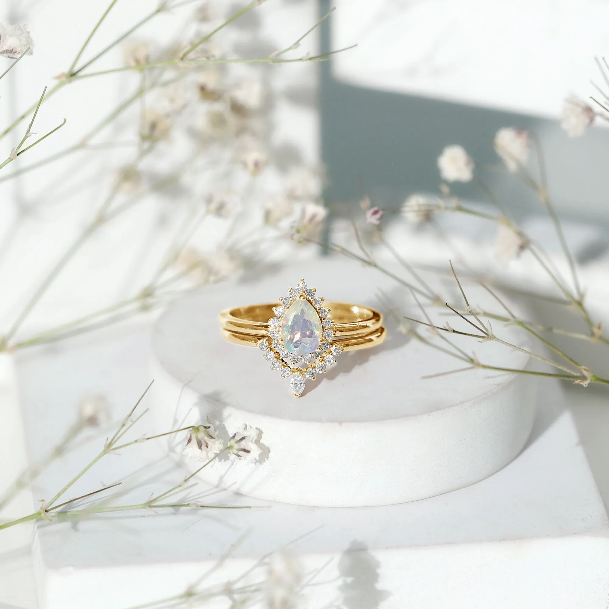 Real Ethiopian Opal Teardrop Wedding Ring Set with Diamond Halo