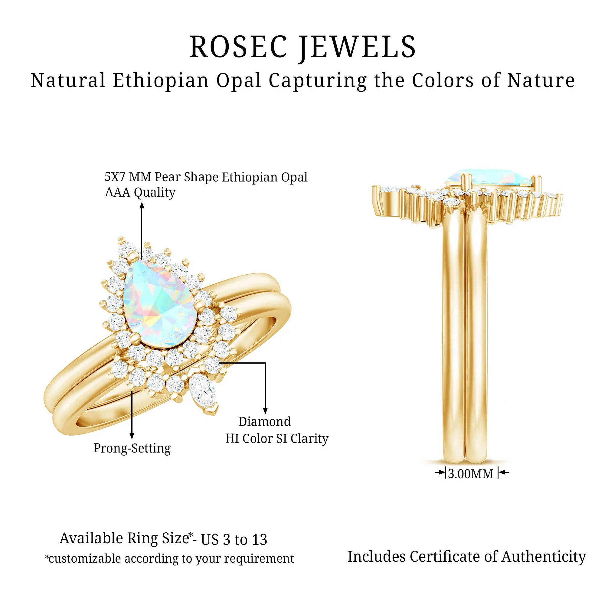 Real Ethiopian Opal Teardrop Wedding Ring Set with Diamond Halo