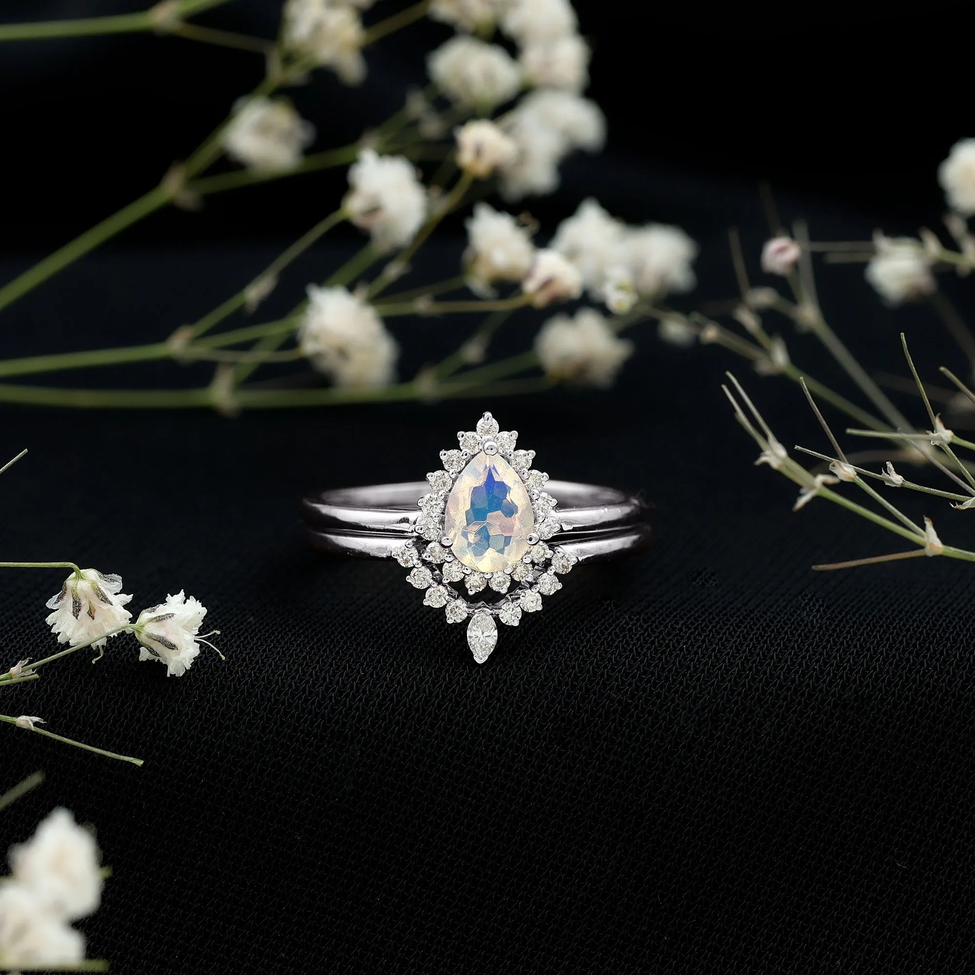 Real Ethiopian Opal Teardrop Wedding Ring Set with Diamond Halo