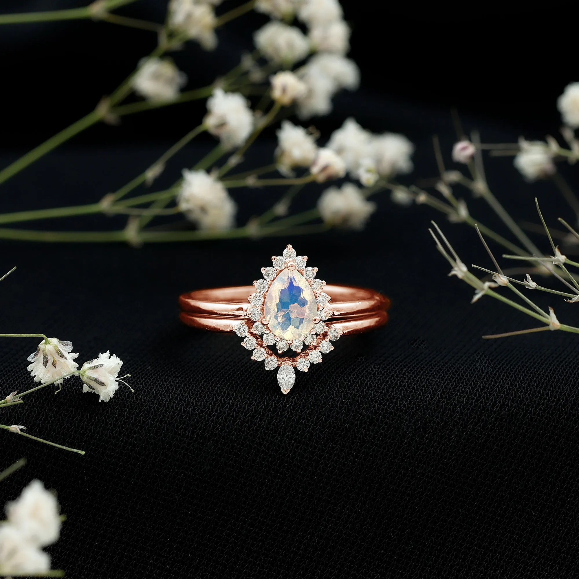 Real Ethiopian Opal Teardrop Wedding Ring Set with Diamond Halo