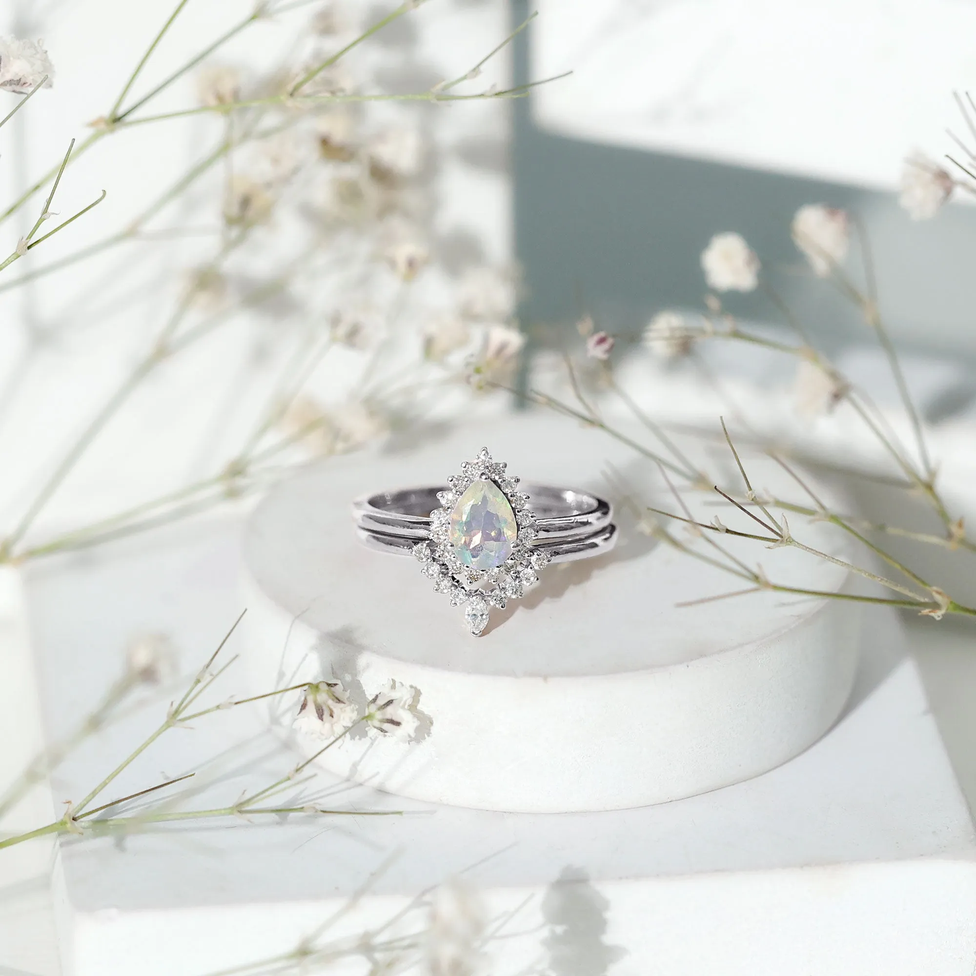 Real Ethiopian Opal Teardrop Wedding Ring Set with Diamond Halo