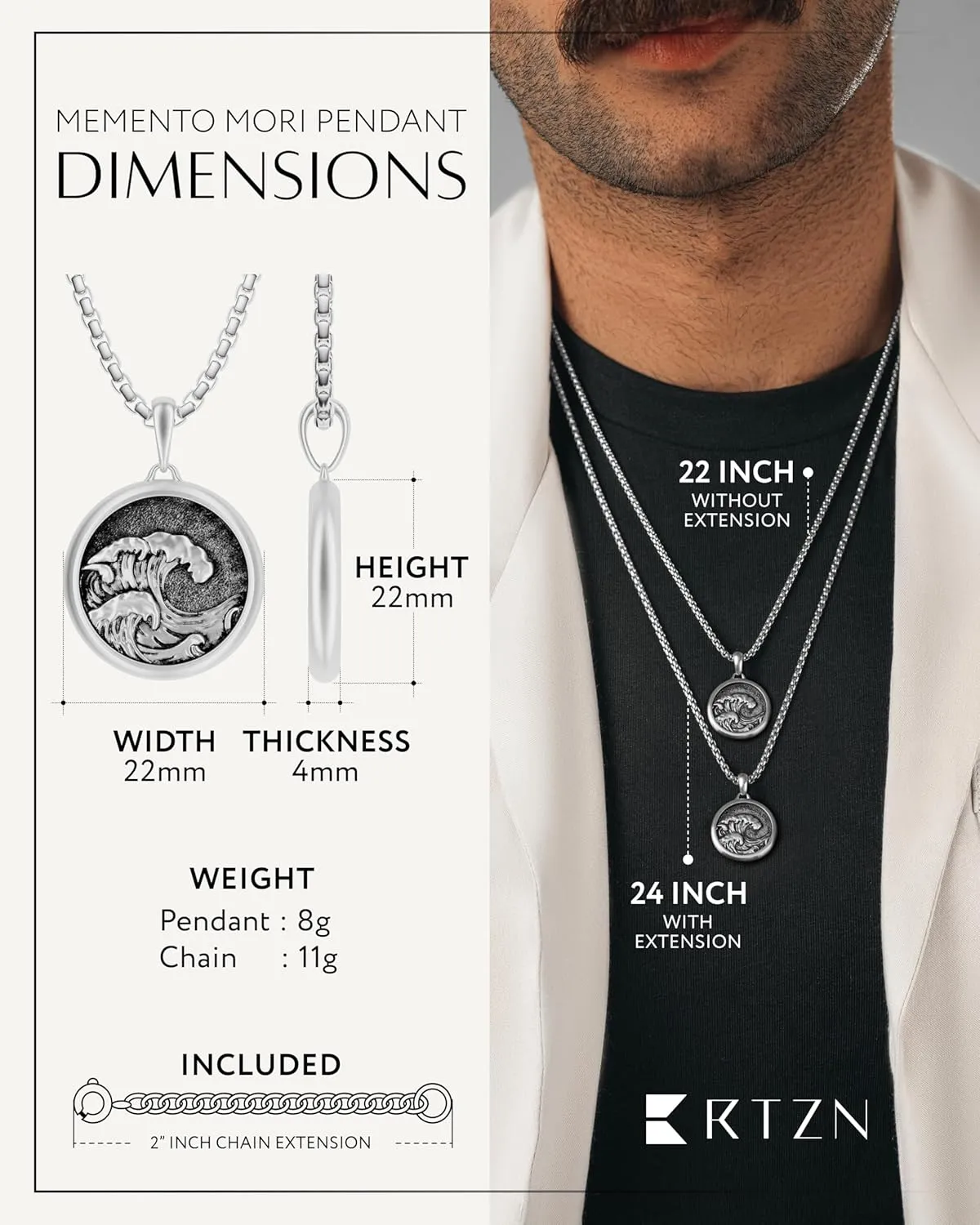 RTZN? Pendant Necklace for Men ?C Premium Stainless Steel Silver Pendant Necklace with 22" Chain   2" Extension ?C Waterproof & Non-Tarnish Small Pendants for Men ?C Bold Symbols of Strength & Legacy