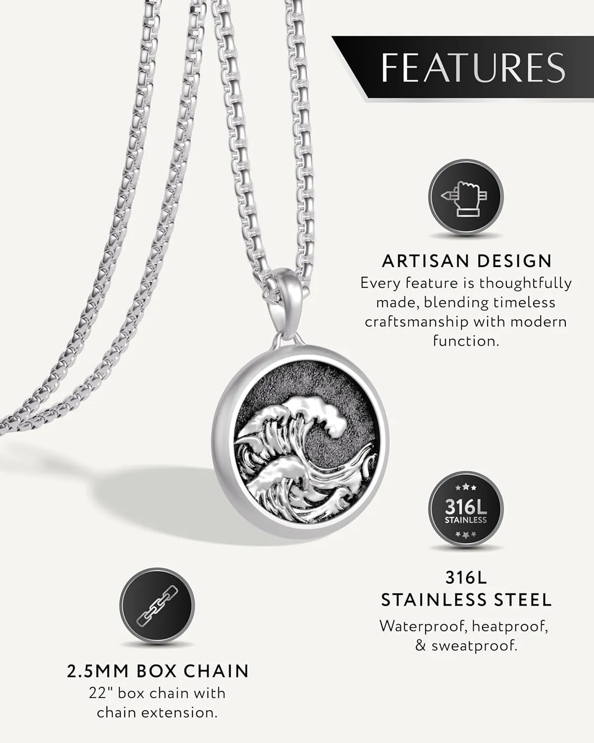 RTZN? Pendant Necklace for Men ?C Premium Stainless Steel Silver Pendant Necklace with 22" Chain   2" Extension ?C Waterproof & Non-Tarnish Small Pendants for Men ?C Bold Symbols of Strength & Legacy