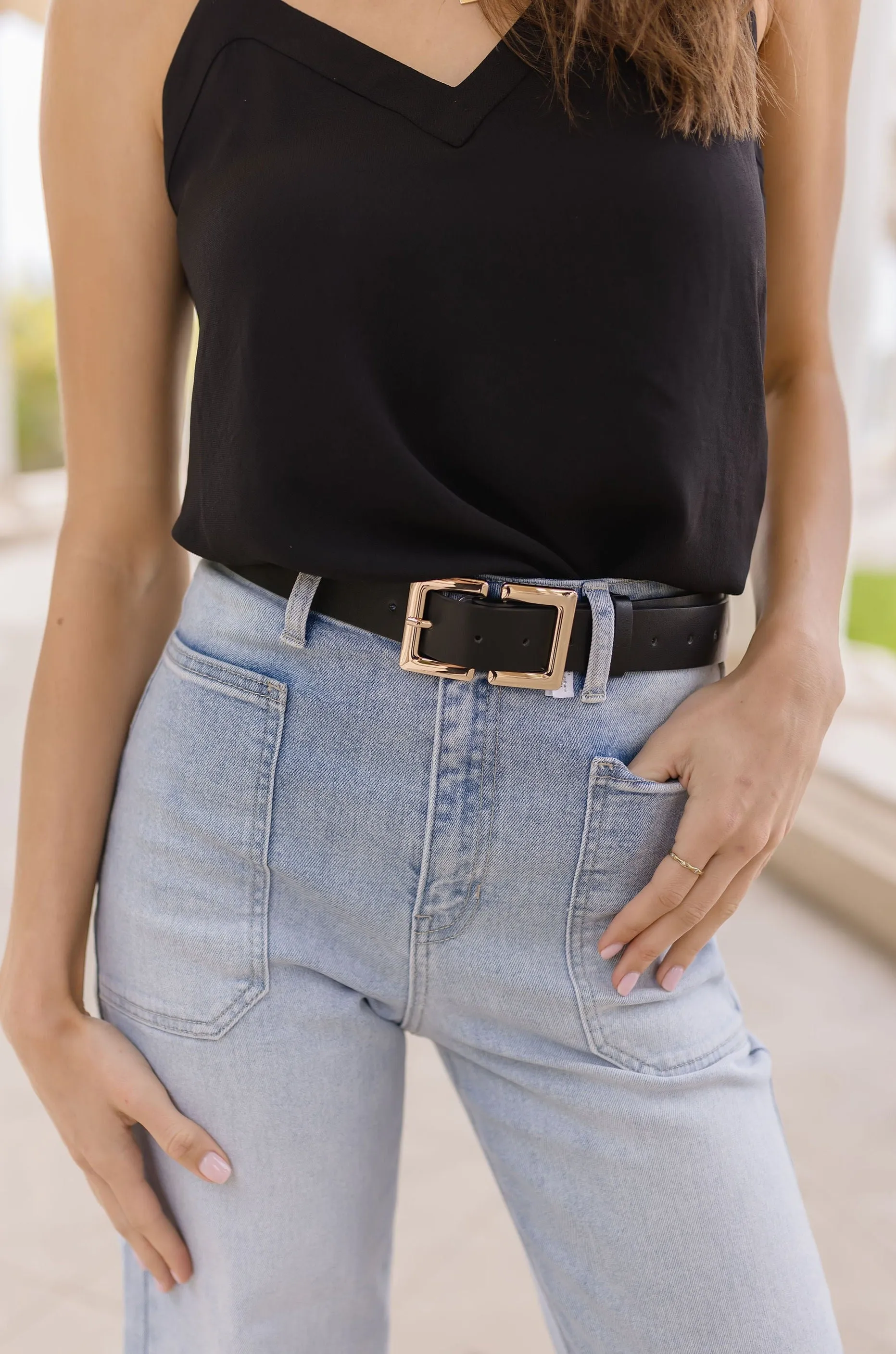 Sarah Double Metal Buckle Vegan Leather Belt Black