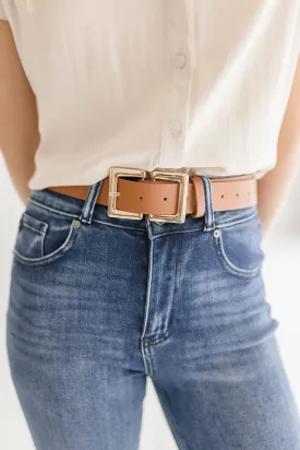 Sarah Double Metal Buckle Vegan Leather Belt Brown