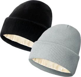 Satin Lined Beanie for Women Winter Warm Soft Lining Cuffed Knit Hats Silk Lined Beanie for Women