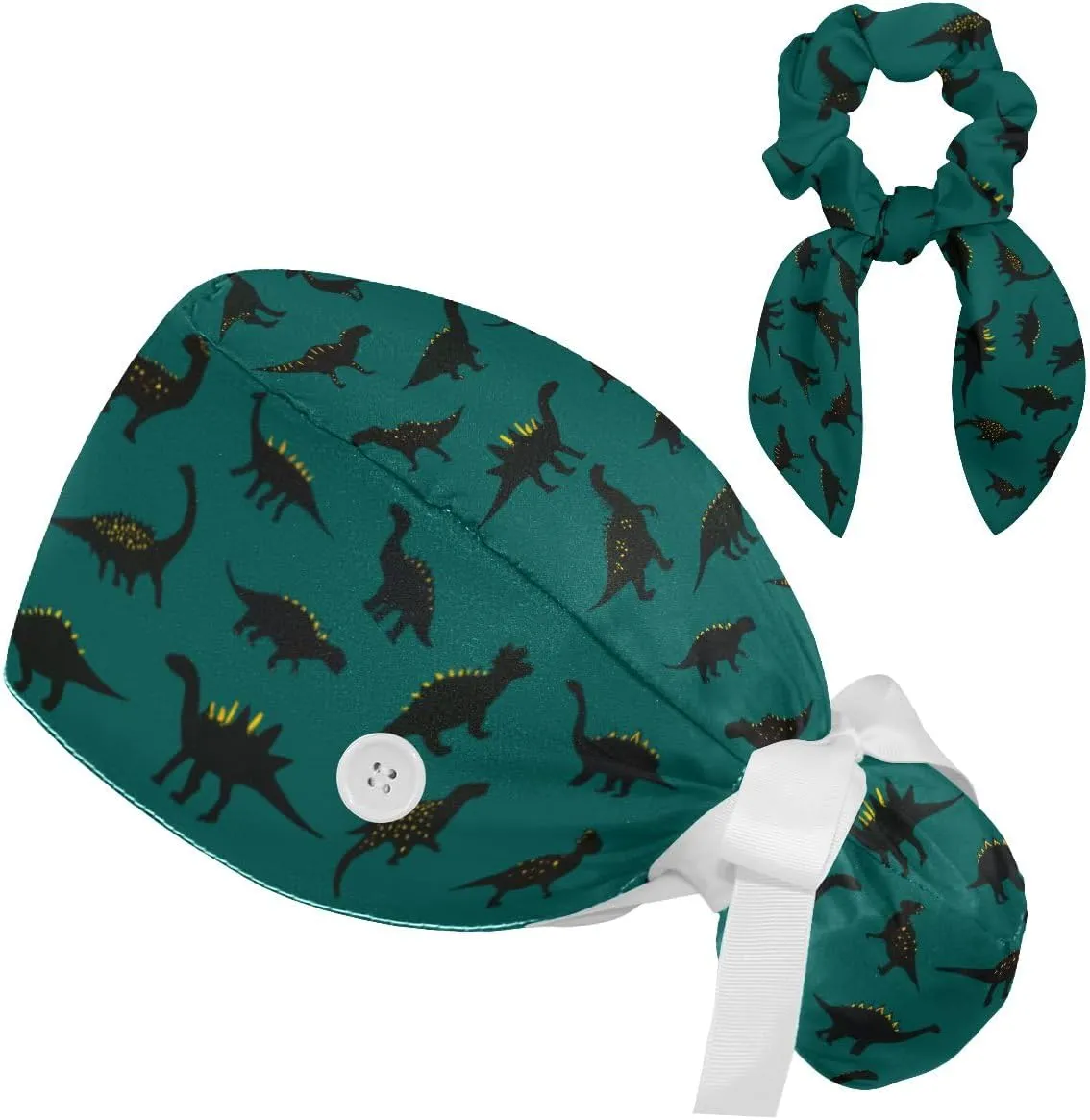 Scrub Caps Women, Surgical Caps with Buttons, Ponytail Nurse Hat, Bouffant Scrub Hats with Hair Scrunchy Adjustable, Dinosaur Cartoon Animal Cute Green Lovely Vintage Pattern