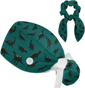 Scrub Caps Women, Surgical Caps with Buttons, Ponytail Nurse Hat, Bouffant Scrub Hats with Hair Scrunchy Adjustable, Dinosaur Cartoon Animal Cute Green Lovely Vintage Pattern
