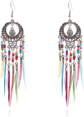 Set Bohemian Tassel Beaded Flower Drop Dangle Earrings Feather Ethnic Retro Boho Dangle Earring Beads for Women Jewelry for Gifts Vintage Rainbow Colorful