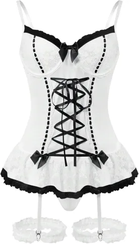 Sexy Rave Mesh Corset Ruffle Lace Up Underwire Sheer Garter Belt Babydoll Lingerie Set With Thong 3 Piece Women