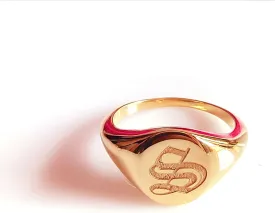 Sterling Silver Old English Initial Signet Ring - Custom Initials Letter Ring- Signet ring For Women- Gothic Font Ring- Old English Font Ring, Yellow