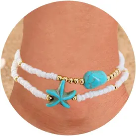 Summer Ankle Bracelets for Women Beach Charm Anklets for Womens Colorful Stone Marine Element Elastic Handmade Gold Beads Anklet Sets