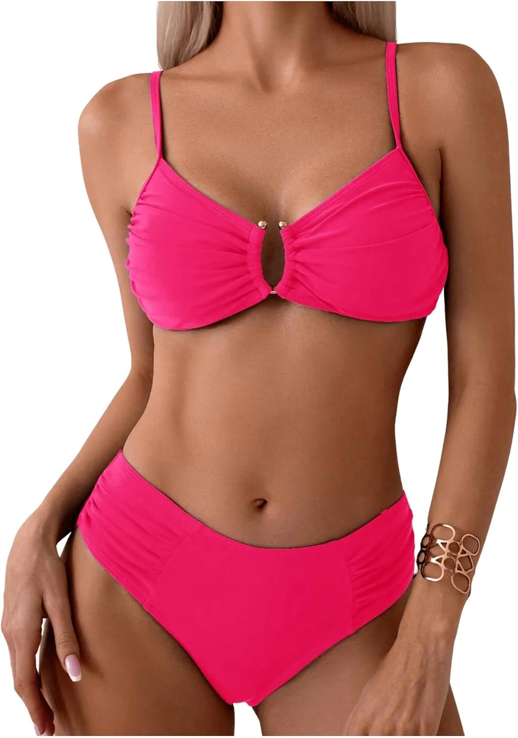 SweatyRocks Women's Two Piece Bikini Set Ring Linked Ruched Underwire Bikini Bathing Suit Swimwear Set Swimming Suit