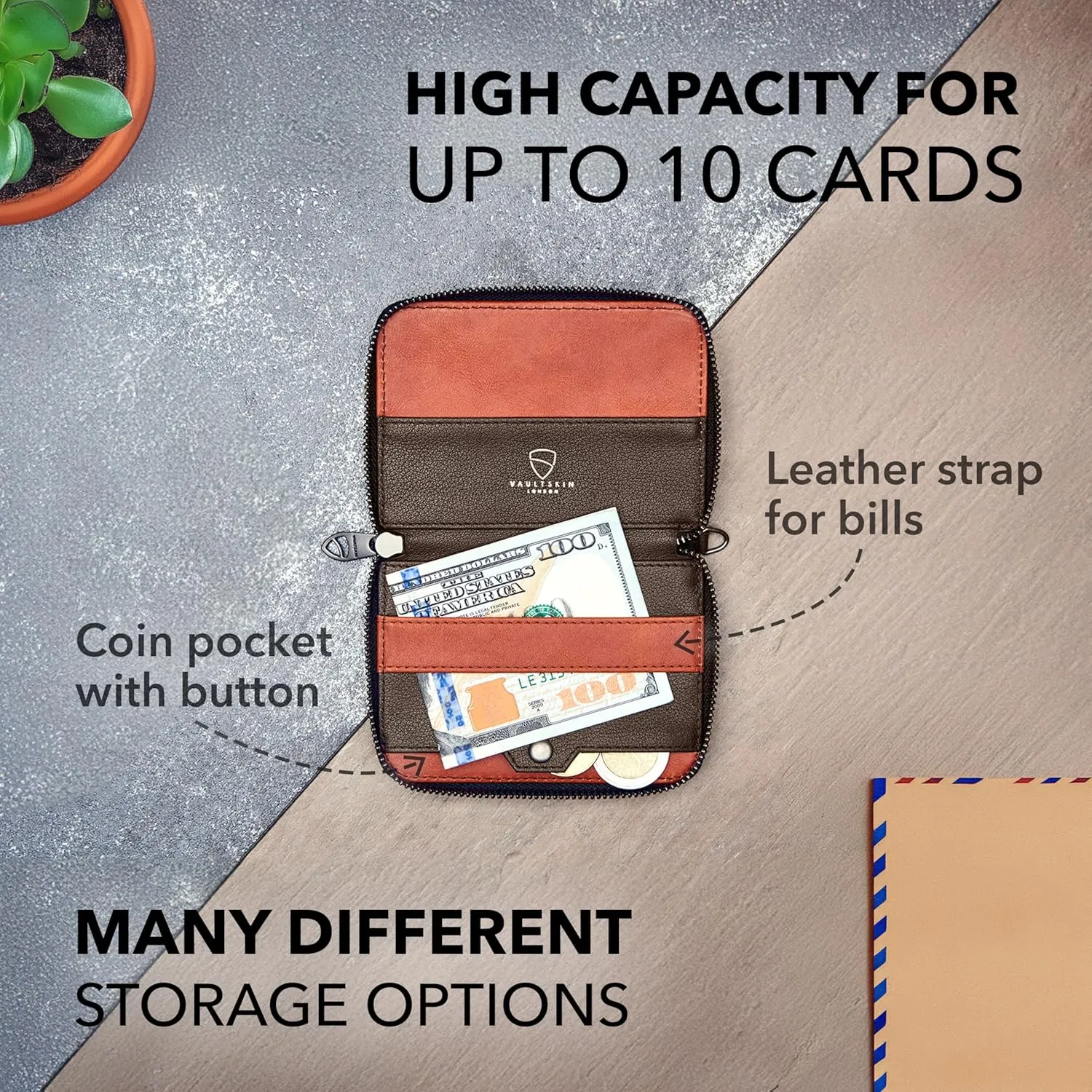 Vaultskin NOTTING HILL Minimalist Leather Zipper Wallet for Women and Men: Slim Multi Cardholder with RFID Blocking and Keychain Ring