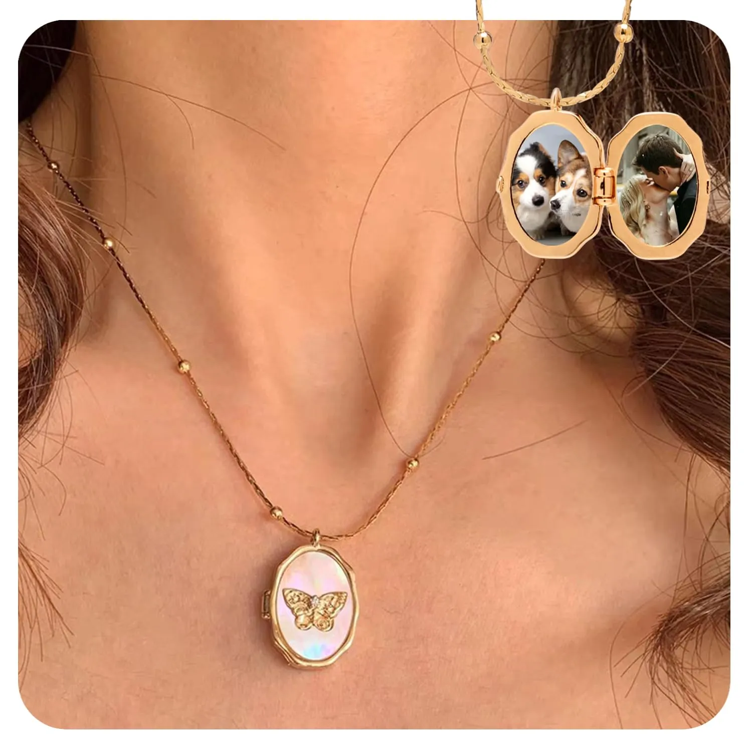 Vintage Butterfly Photo Locket Necklace,Gold-plated Neckchain Sea Shell Stylish Clavicle Chain,With Tools For Cropping and Pasting Photos