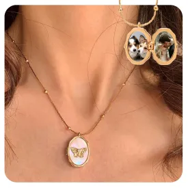 Vintage Butterfly Photo Locket Necklace,Gold-plated Neckchain Sea Shell Stylish Clavicle Chain,With Tools For Cropping and Pasting Photos