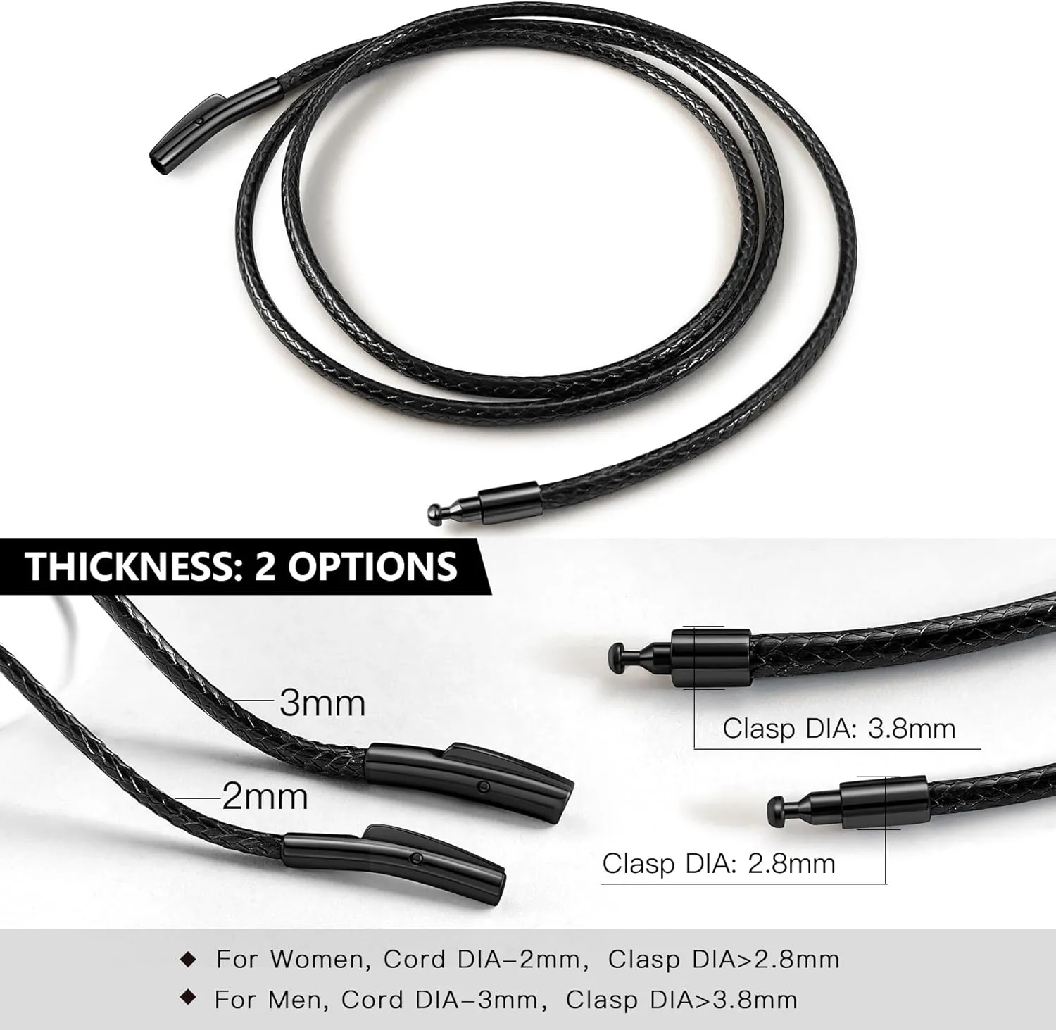 Waterproof Braided Leather Necklace Cord Chain for Men Women, with Sturdy Silver/Black Clasp, 2MM/3MM Flexible Brown/Black Rope Chain for Pendant 16"-30" Length (Send Gift Box)