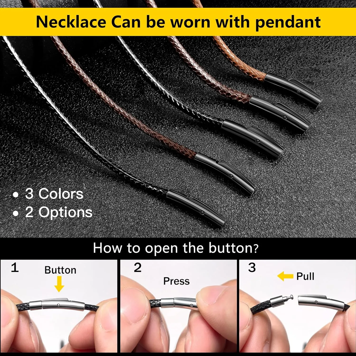 Waterproof Braided Leather Necklace Cord Chain for Men Women, with Sturdy Silver/Black Clasp, 2MM/3MM Flexible Brown/Black Rope Chain for Pendant 16"-30" Length (Send Gift Box)