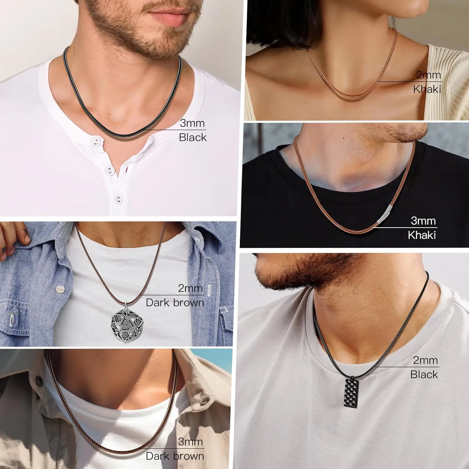 Waterproof Braided Leather Necklace Cord Chain for Men Women, with Sturdy Silver/Black Clasp, 2MM/3MM Flexible Brown/Black Rope Chain for Pendant 16"-30" Length (Send Gift Box)