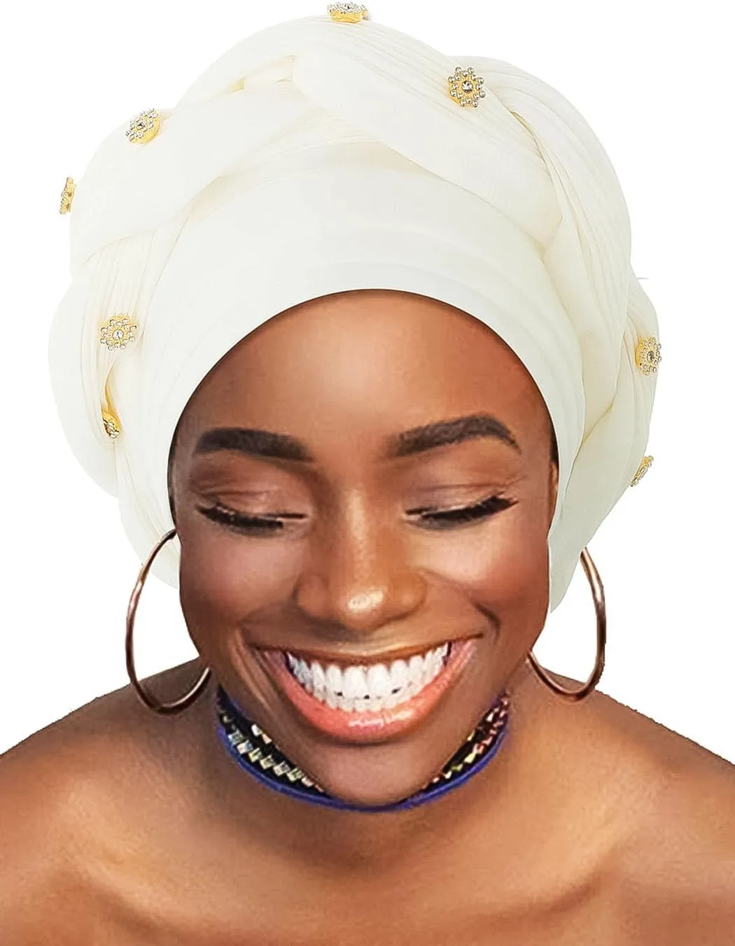 Woeoe Women African Turban Pre-Tied Twisted Beanie Cap Headwear Rhinestone Soft Stretchy Head Turbans