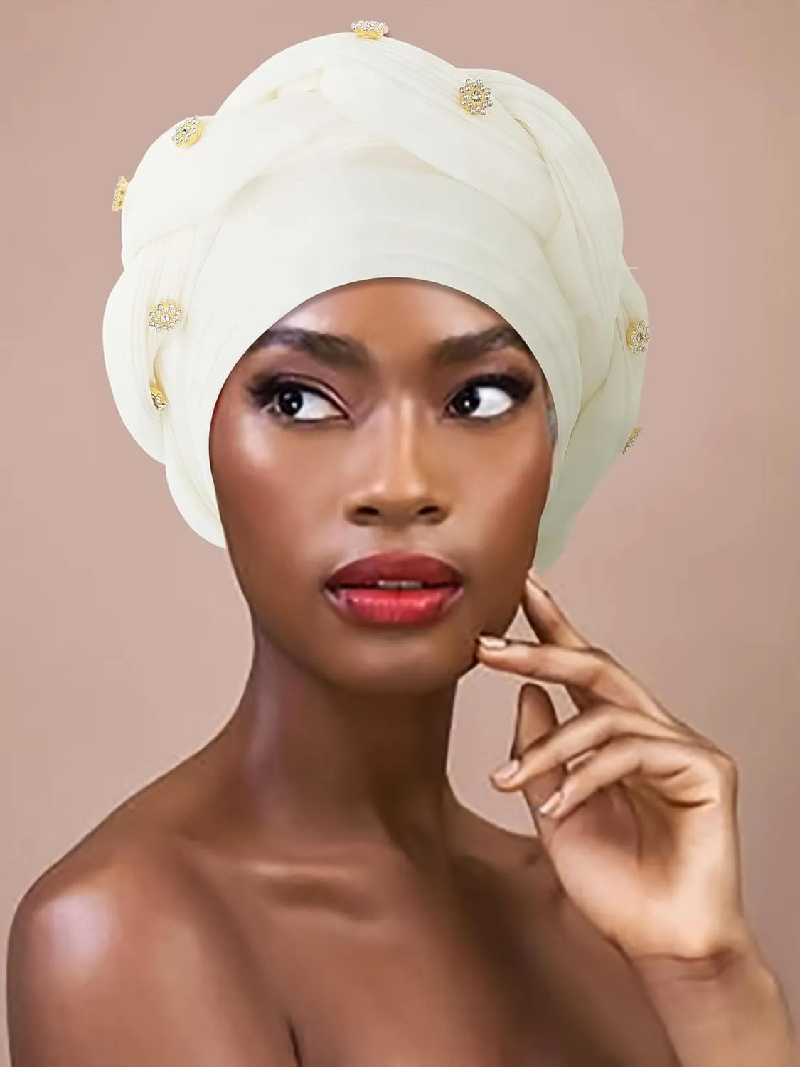 Woeoe Women African Turban Pre-Tied Twisted Beanie Cap Headwear Rhinestone Soft Stretchy Head Turbans