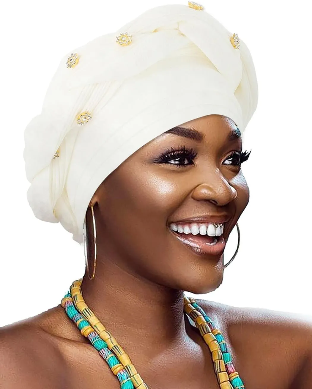 Woeoe Women African Turban Pre-Tied Twisted Beanie Cap Headwear Rhinestone Soft Stretchy Head Turbans