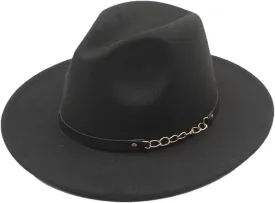 Women Solid Color Fedora Hats with Chain Belt Wide Brim Men Party Jazz Hat